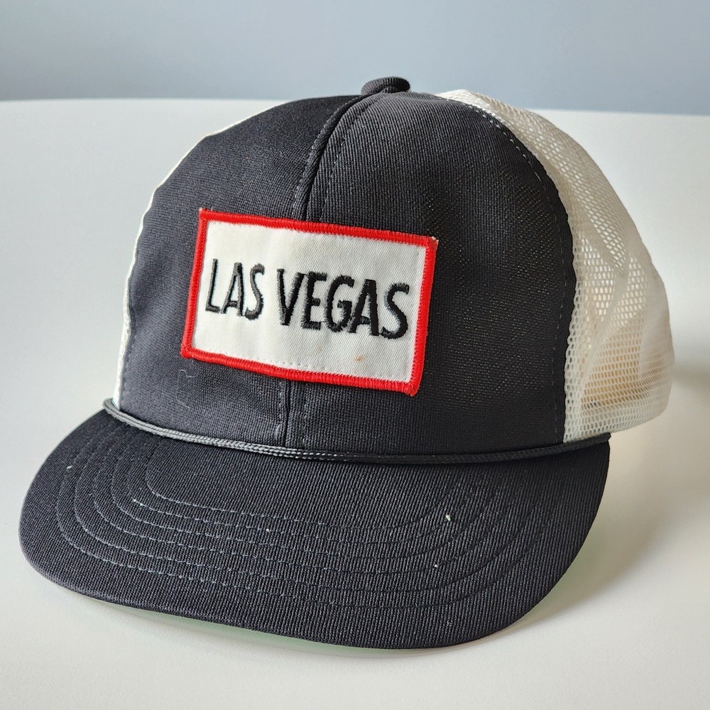 Vintage Las Vegas Trucker Hat Mesh Cap Snap‎ Back Patch Rope Black Grey 80s